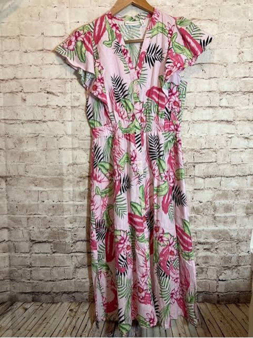 Rafaella Dress Womens M Pink Green Tropical Floral Button Front Midi